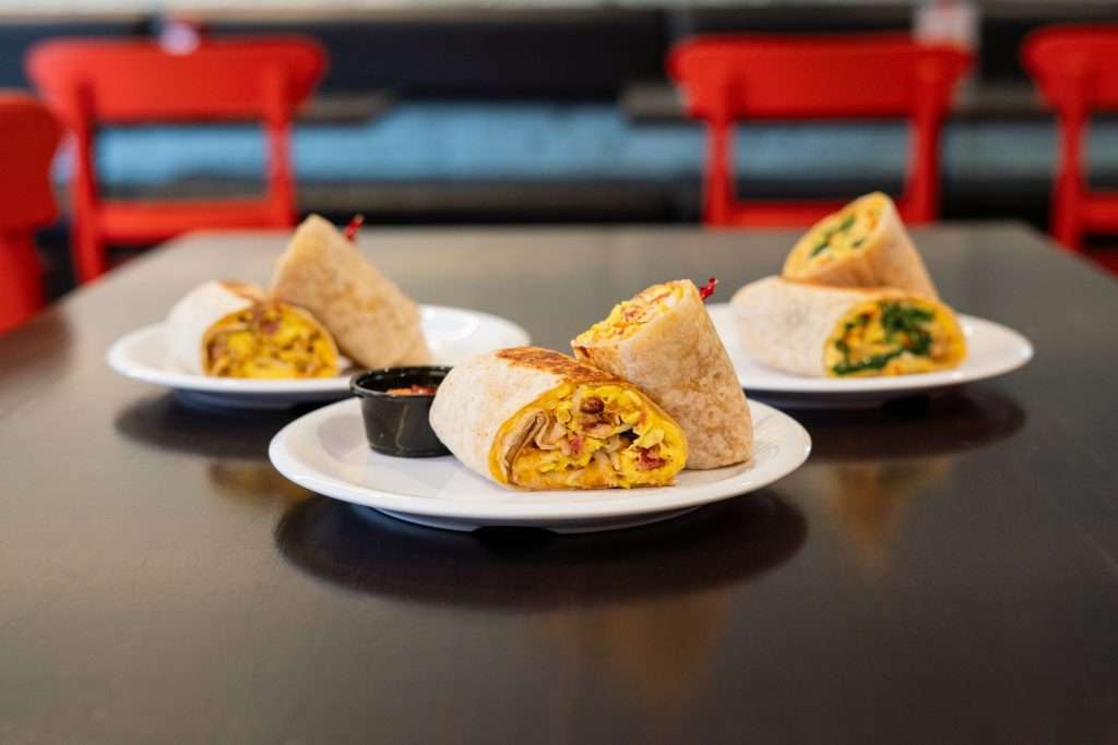 three different breakfast burritos available for Rosie's Restaurant catering